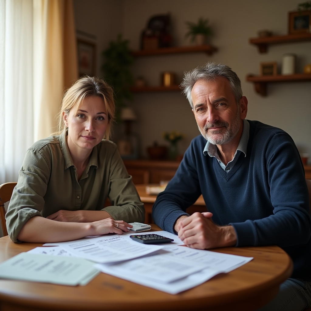 Famiglia italiana che esamina documenti di bilancio domestico su tavolo di legno