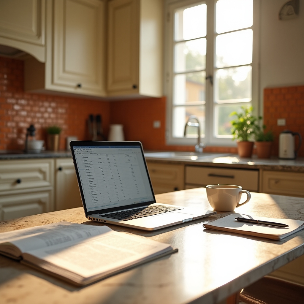 Cucina italiana moderna con documenti finanziari aperti sul tavolo, luce naturale calda